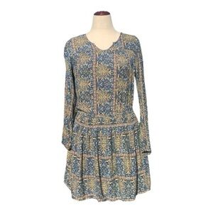 Sonoma Blue Gold Long Sleeve Mini Dress Abstract Print Lightweight Size Large